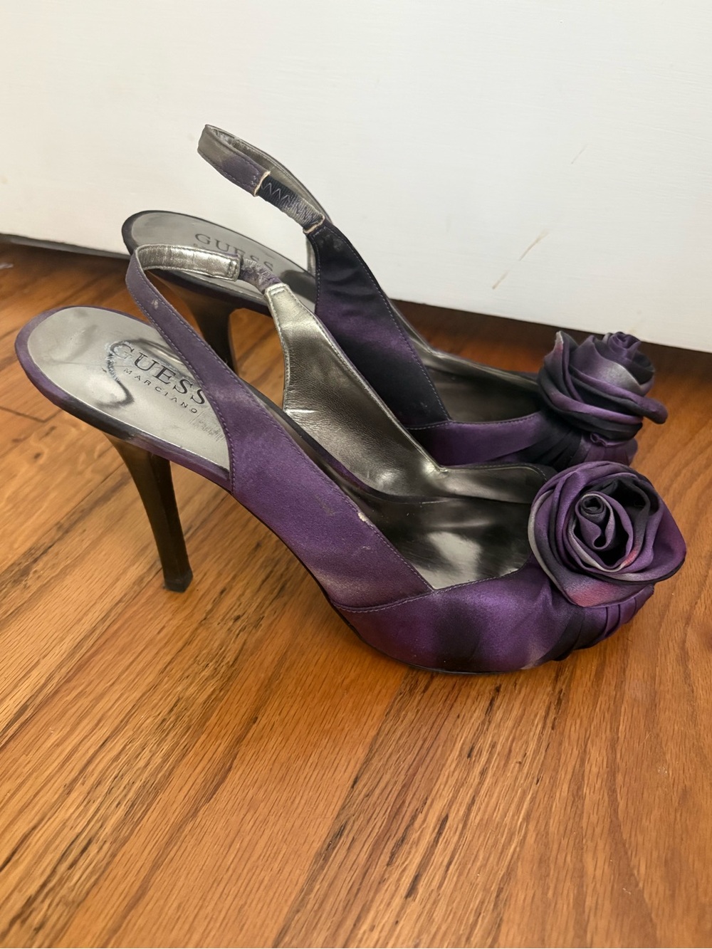 **3 for $20!!** Guess by Marciano Purple Satin Rose Sling Back Peep Toe Heel 9.5